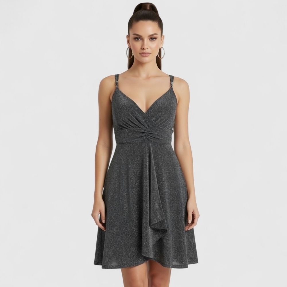 Nicole Benisti Y2K Metallic Knit Dress Silver Black Beaded Strap Party S